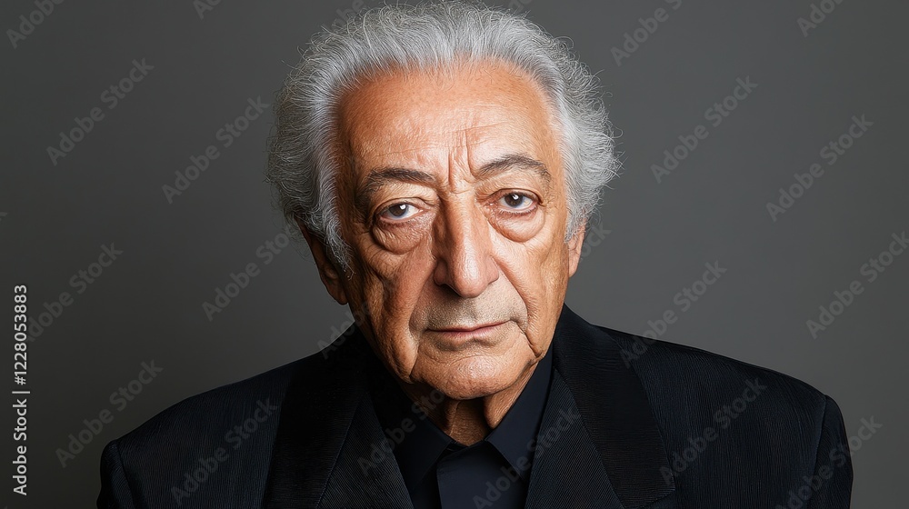 A distinguished elder gentleman with silver hair and deep-set eyes gazes seriously at the viewer. He wears a formal black suit, conveying a sense of wisdom and experience A distinguished elder gentleman with silver hair and deep-set eyes gazes seriously at the viewer. He wears a formal black suit, conveying a sense of wisdom and experience