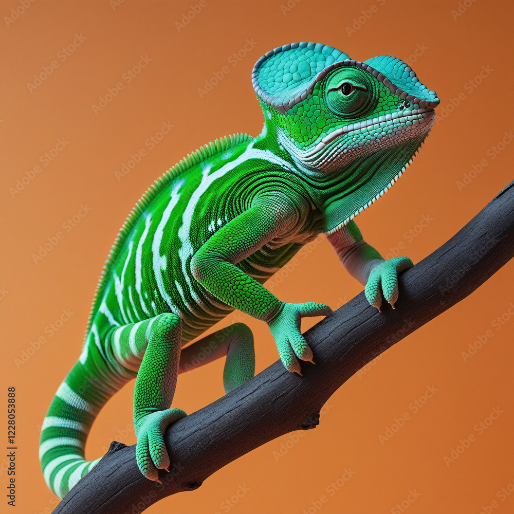 Fototapeta premium Chameleon Animal Nature Wild Green Orange Purple Red Yellow Green