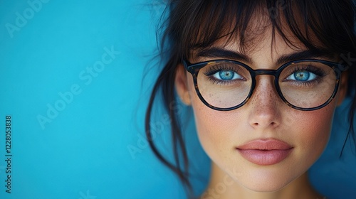 A young woman poses confidently, showcasing her striking blue eyes and trendy black glasses. Her fresh makeup and natural beauty stand out against a bright blue backdrop