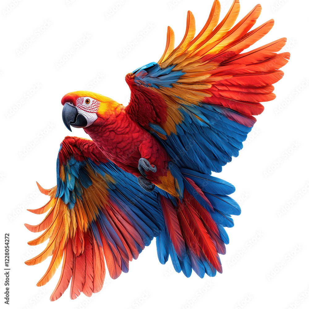 Obraz premium Colorful macaw flying gracefully through the vibrant sky above a tropical landscape surrounded by lush greenery isolated on transparent background