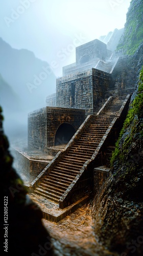 Ancient stone temple surrounded by misty mountains, showcasing intricate steps and architecture