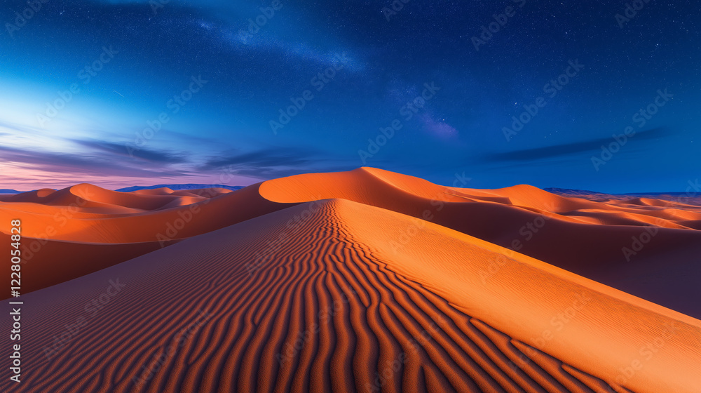 Naklejka premium A vast expanse of desert dunes under a clear night sky, with the sweeping curves of the sand creating a serene and tranquil landscape illuminated by the soft glow of starlight