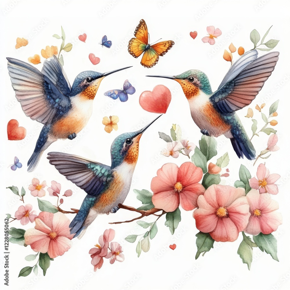 Obraz premium Beautiful watercolor illustration with cute hummingbirds and flowers on a white background