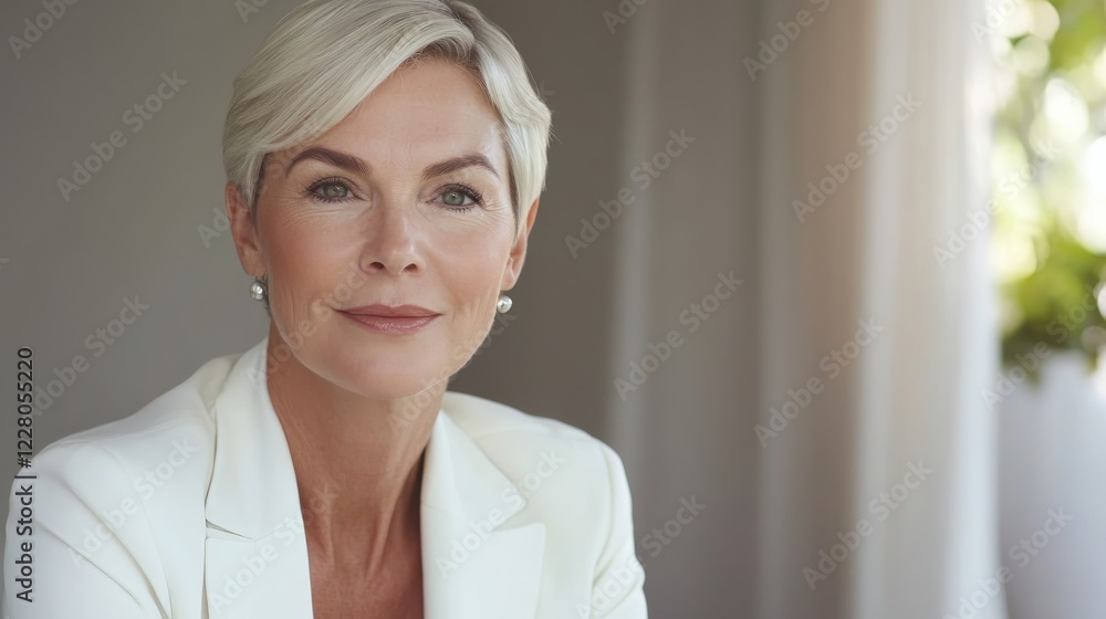 Senior executive woman with short platinum blonde hair, wearing a crisp white blazer, poised and commanding presence Senior executive woman with short platinum blonde hair, wearing a crisp white blazer, poised and commanding presence