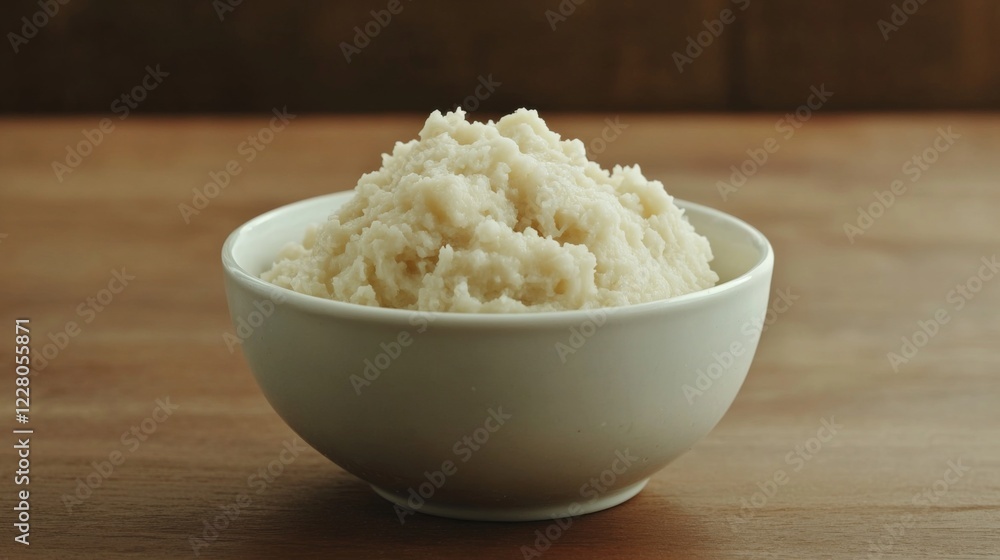Creamy mashed potatoes in a white bowl on a wooden table. Creamy mashed potatoes in a white bowl on a wooden table.