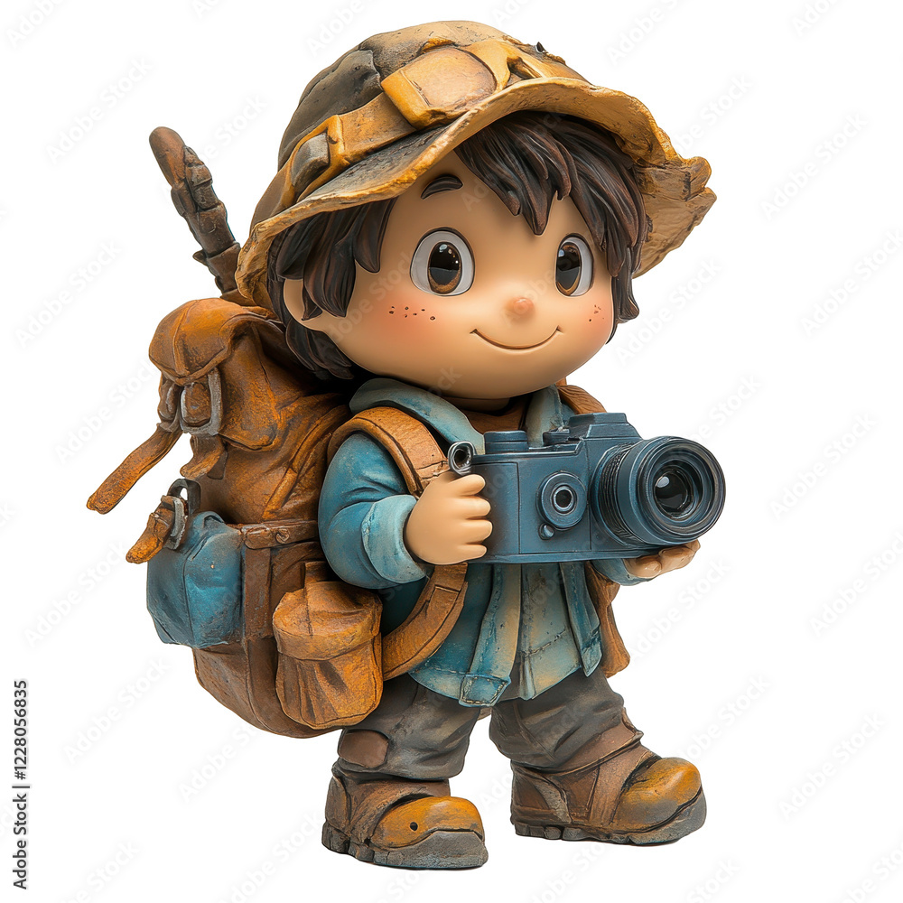 Young boy with camera ready for adventure in nature with backpack and hat isolated on transparent background Young boy with camera ready for adventure in nature with backpack and hat isolated on transparent background