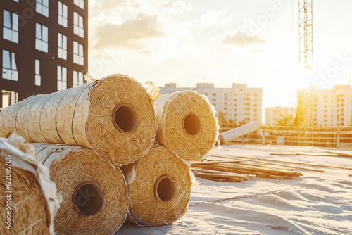 construction site with stacked insulation rolls photo