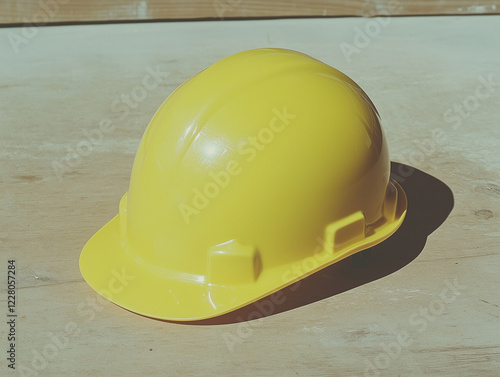 Safety First: A bright yellow hard hat, symbol of construction safety and worker protection, sits on a wooden surface, ready for the workday.  photo