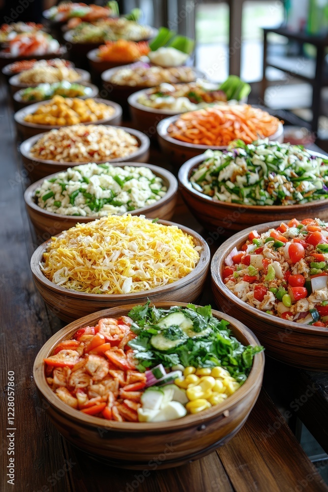 Vibrant Salad Bowls Displaying Fresh Ingredients in a Rustic Setting and Wooden Bows Vibrant Salad Bowls Displaying Fresh Ingredients in a Rustic Setting and Wooden Bows
