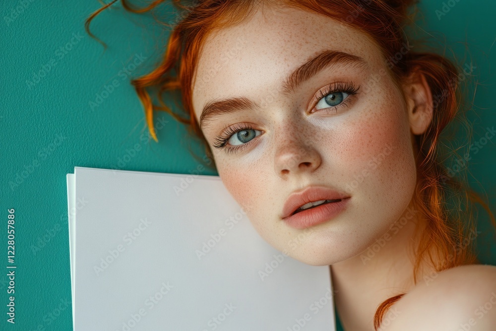 Young woman with red hair poses against a teal background while holding a blank white sheet, highlighting natural beauty and captivating expression