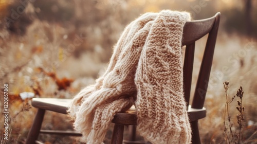 Wallpaper Mural A cozy knitted blanket draped over a wooden chair in a field of tall grass and autumn leaves. Torontodigital.ca