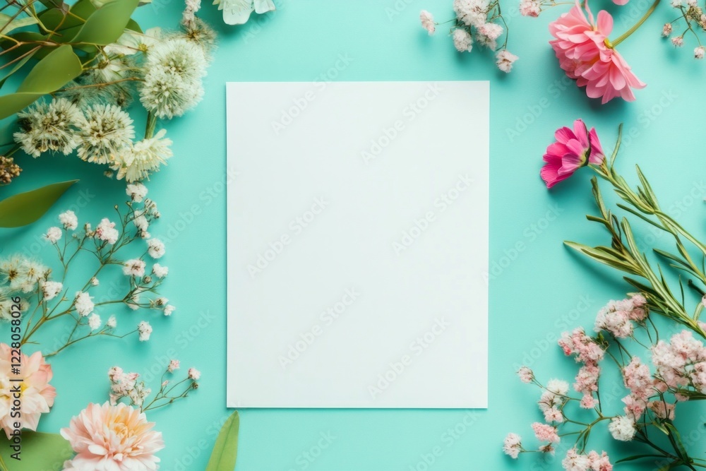 Arrangement of colorful flowers surrounding a blank sheet of paper on a turquoise background in a creative workspace