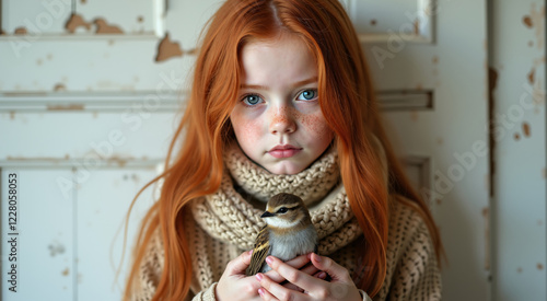 Red-haired girl with freckles holding a small bird. She has blue eyes and is wearing a knitted scarf.