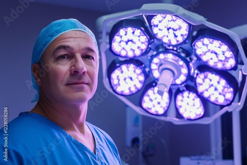 Obraz na płótnie Surgeon preparing for surgery under bright operating room lights in a modern medical facility at night w salonie