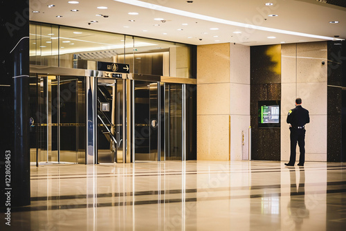 professional security guard monitoring mall entrance photo