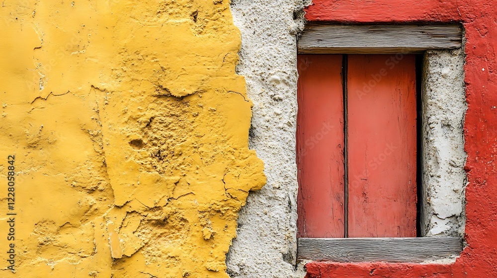 Weathered Wall With Red Window And Yellow Paint Weathered Wall With Red Window And Yellow Paint