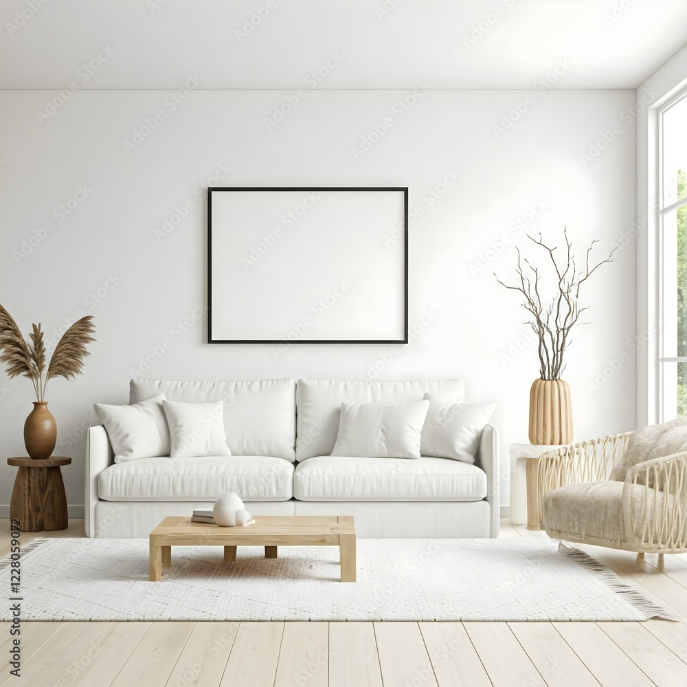 Fototapeta premium A bright and airy living room bathed in natural light from large,paned windows overlooking a lush garden. The room is anchored by a plush, light colour sectional sofa adorned with soft, neutral pillow