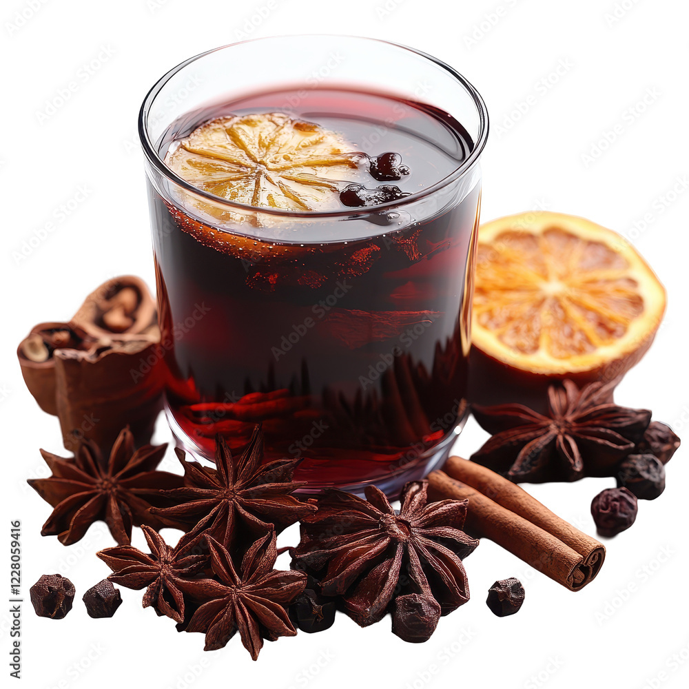 Delicious beverage featuring dark color with spices and dried citrus garnishing on a smooth surface isolated on transparent background Delicious beverage featuring dark color with spices and dried citrus garnishing on a smooth surface isolated on transparent background