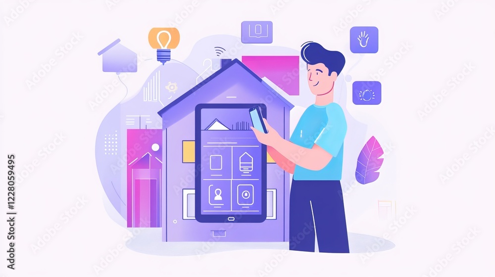 A businessman holds a house icon, representing smart home control, intelligent home management, and home automation using an app. The design includes a PCB and a person with a smartphone A businessman holds a house icon, representing smart home control, intelligent home management, and home automation using an app. The design includes a PCB and a person with a smartphone