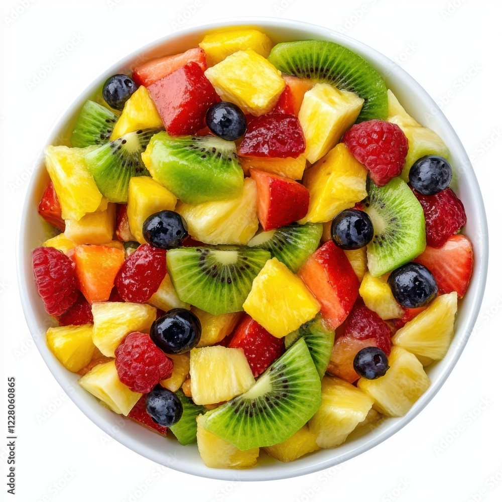 A vibrant mixed fruit salad with kiwi and pineapple, isolated white background, minimalist art style A vibrant mixed fruit salad with kiwi and pineapple, isolated white background, minimalist art style