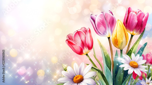 Watercolor painting of a vibrant bouquet of spring tulips and daisies, set against a backdrop of sparkling bokeh lights