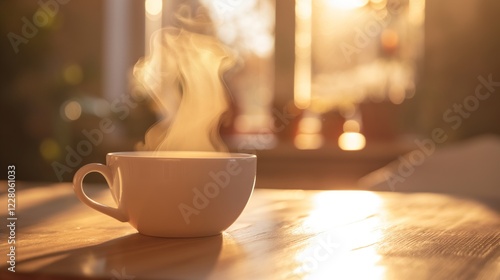 Warm sunlight illuminates steam rising from a hot beverage in a white cup on a wooden table, creating a cozy morning atmosphere