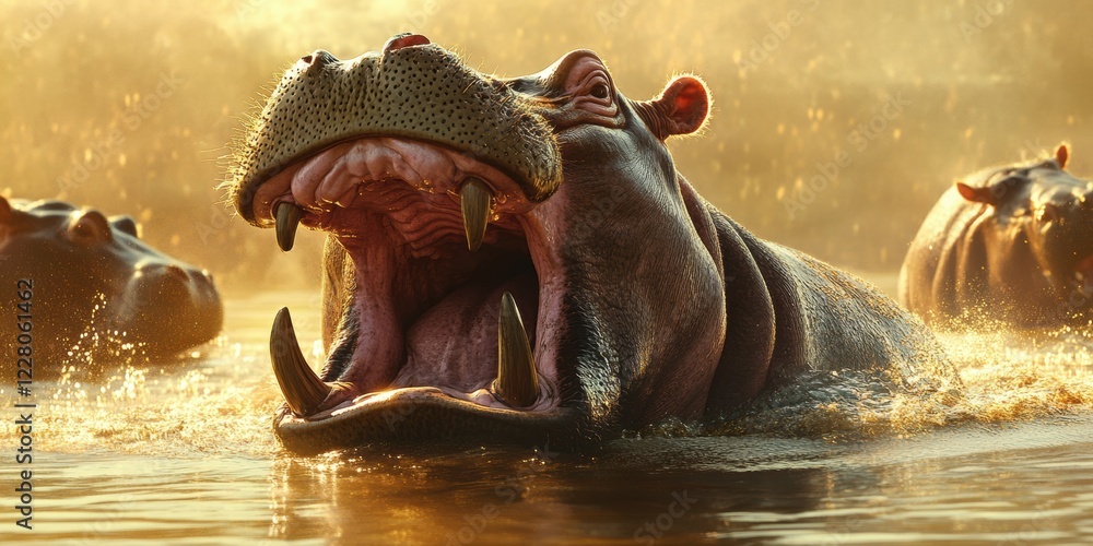 Fototapeta premium A captivating close-up of a roaring hippopotamus in its natural habitat, showcasing the raw beauty and power of wildlife.