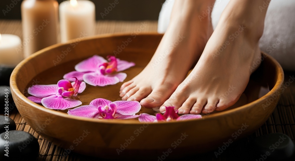 Relaxing feet soaking in a wooden bowl filled with orchid petals Relaxing feet soaking in a wooden bowl filled with orchid petals