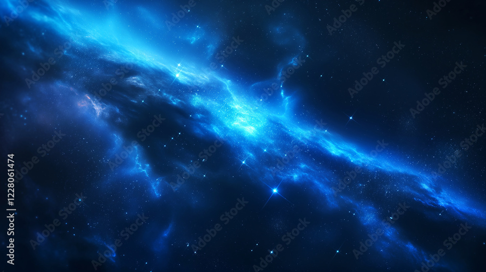 Glowing blue nebula cloud illuminating the dark depths of outer space Glowing blue nebula cloud illuminating the dark depths of outer space