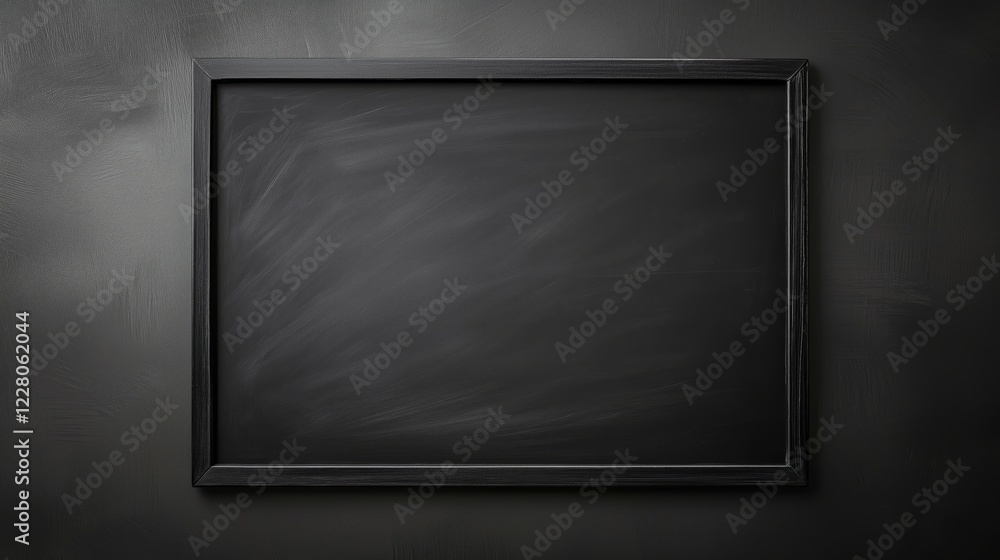A blank black chalkboard hangs against a dark wall, ready for messages or drawings. Its simple frame provides a minimalist aesthetic. A blank black chalkboard hangs against a dark wall, ready for messages or drawings. Its simple frame provides a minimalist aesthetic.