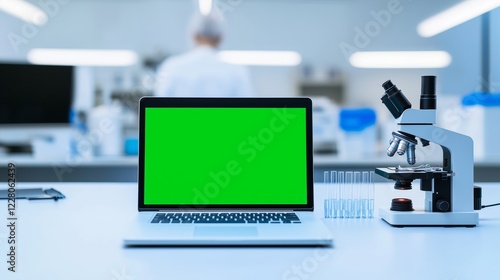 A laptop with a green screen sits on a lab bench next to a microscope and test tubes. A scientist works in the background.
