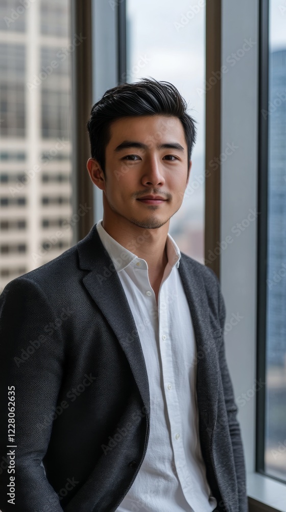 Young male entrepreneur with short, neatly styled hair, wearing a charcoal gray blazer over a white shirt, Young male entrepreneur with short, neatly styled hair, wearing a charcoal gray blazer over a white shirt,