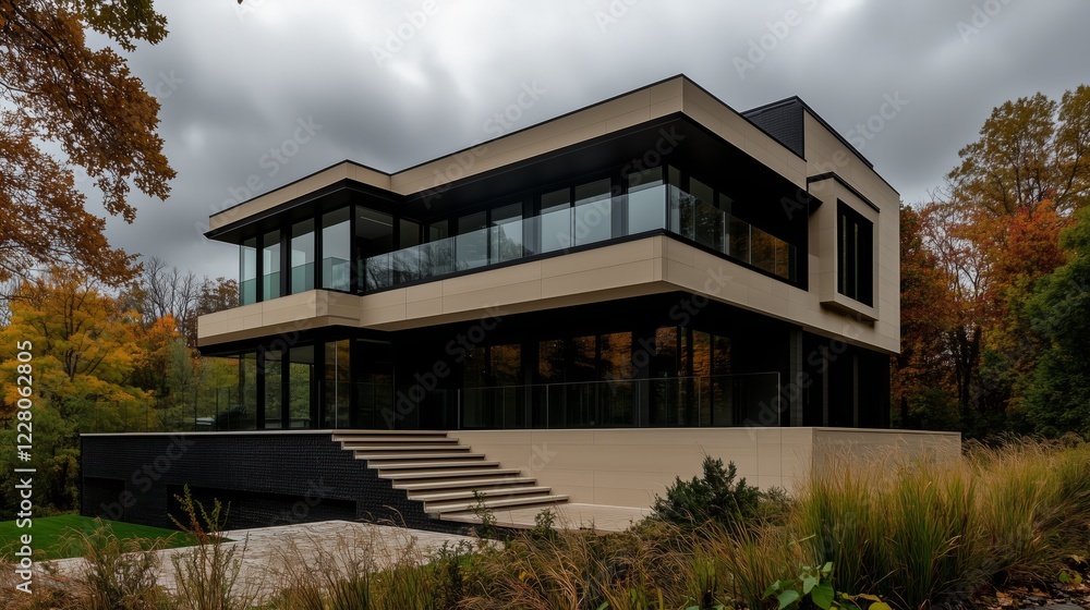 Fototapeta premium Modern house nestled in autumnal woods. Clean lines, large windows, and expansive outdoor space create a serene atmosphere.