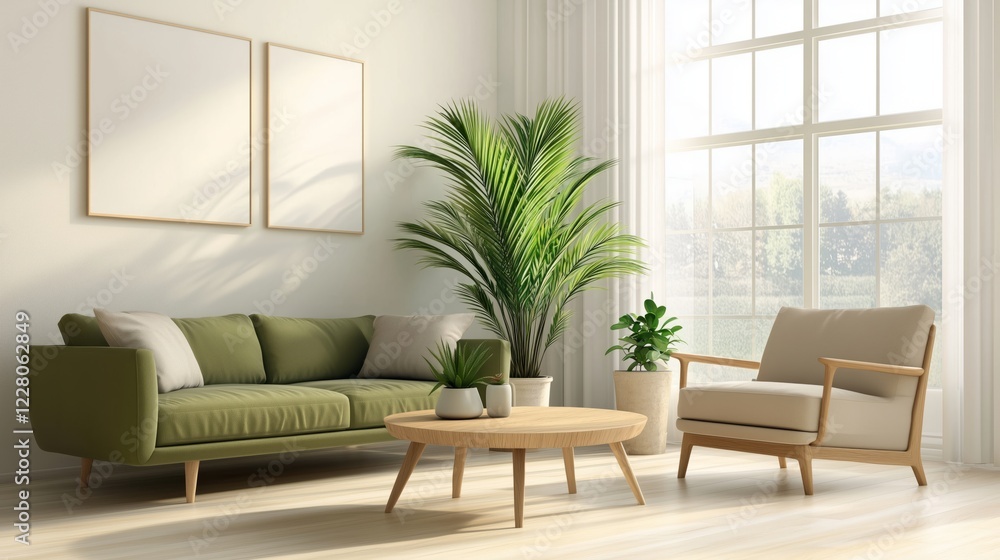 A serene living room with an olive green sofa, light wood armchair, and large windows overlooking a garden. Plants add to the calming atmosphere. A serene living room with an olive green sofa, light wood armchair, and large windows overlooking a garden. Plants add to the calming atmosphere.
