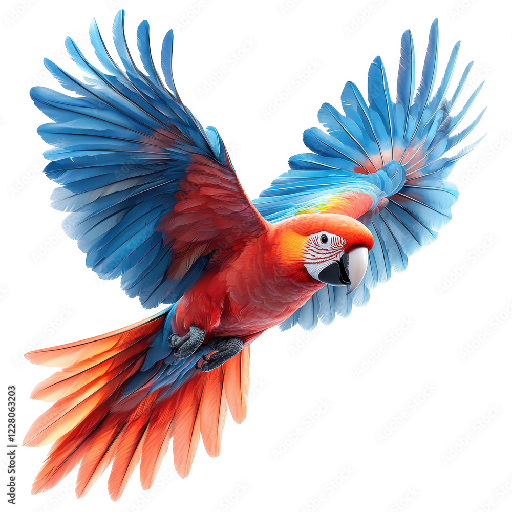 Obraz premium Colorful parrot flies gracefully through vibrant blue sky during daylight hours in tropical setting isolated on transparent background