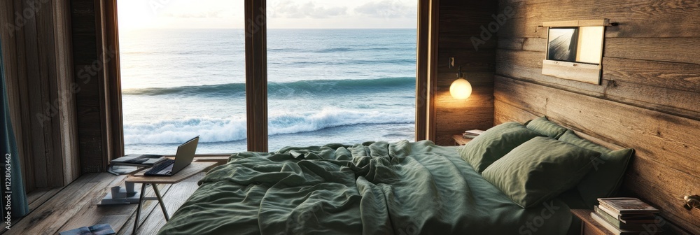 Ocean View Bedroom: Coastal Serenity in a Wooden Cabin Ocean View Bedroom: Coastal Serenity in a Wooden Cabin