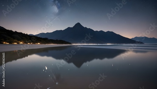 Una playa serena por la noche con un cielo estrellado, montañas al fondo y un océano en calma con un reflejo del cielo