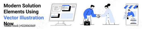 Desktop with online forms and payment options, people exchanging goods and payment, storefront sale. Ideal for technology, finance, shopping, commerce, transactions, digital services flat landing