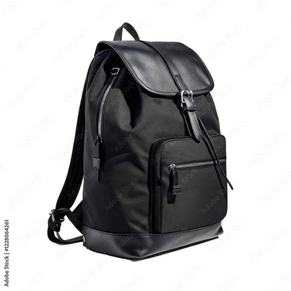 Sleek black backpack with a flap closure and multiple compartments, isolated on transparent background. Sleek black backpack with a flap closure and multiple compartments, isolated on transparent background.