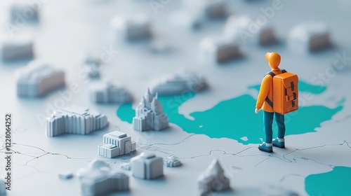 Miniature traveler exploring a detailed city map, highlighting landmarks and waterways nearby photo