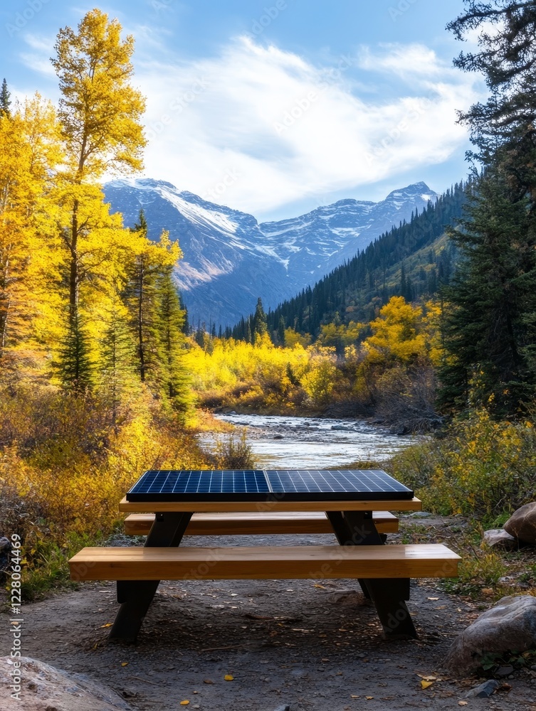 Scenic Solar Picnic Table - Sustainable outdoor recreation, eco-friendly design, renewable energy, tranquil nature, autumn landscape.