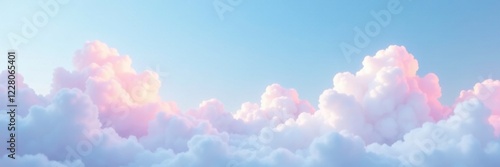 Soft white clouds float in a clear blue sky with a subtle hint of pink and purple hues, landscape, abstract, serene