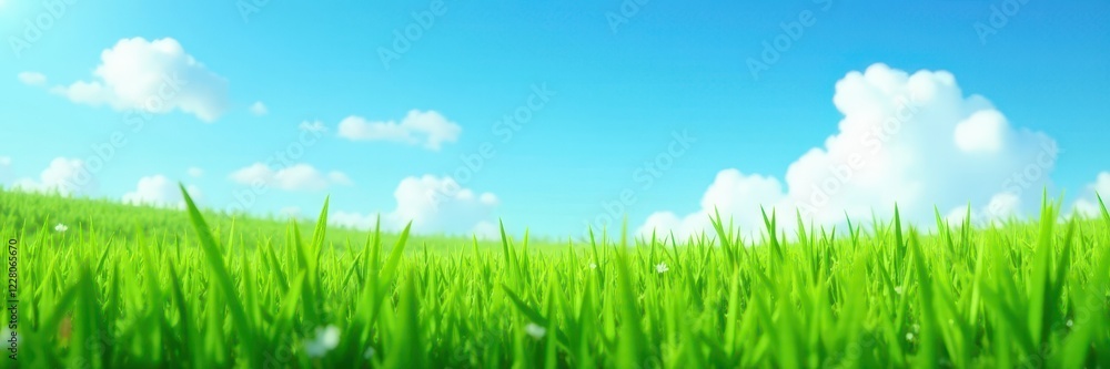 Fototapeta premium Close-up lush green grass, contrasting azure sky, spacious blank area , background, green