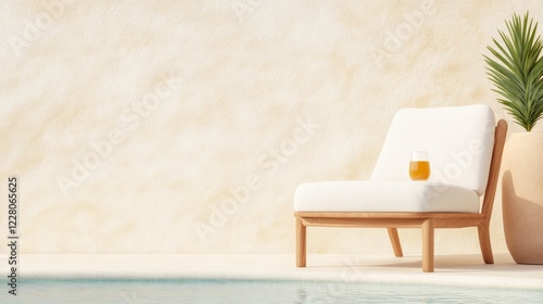 Mediterranean Minimalism by the Pool Elegant Wooden Lounge Chair and Refreshing Citrus Beverage - Luxury Hospitality Decor and Modern Leisure Experiences photo