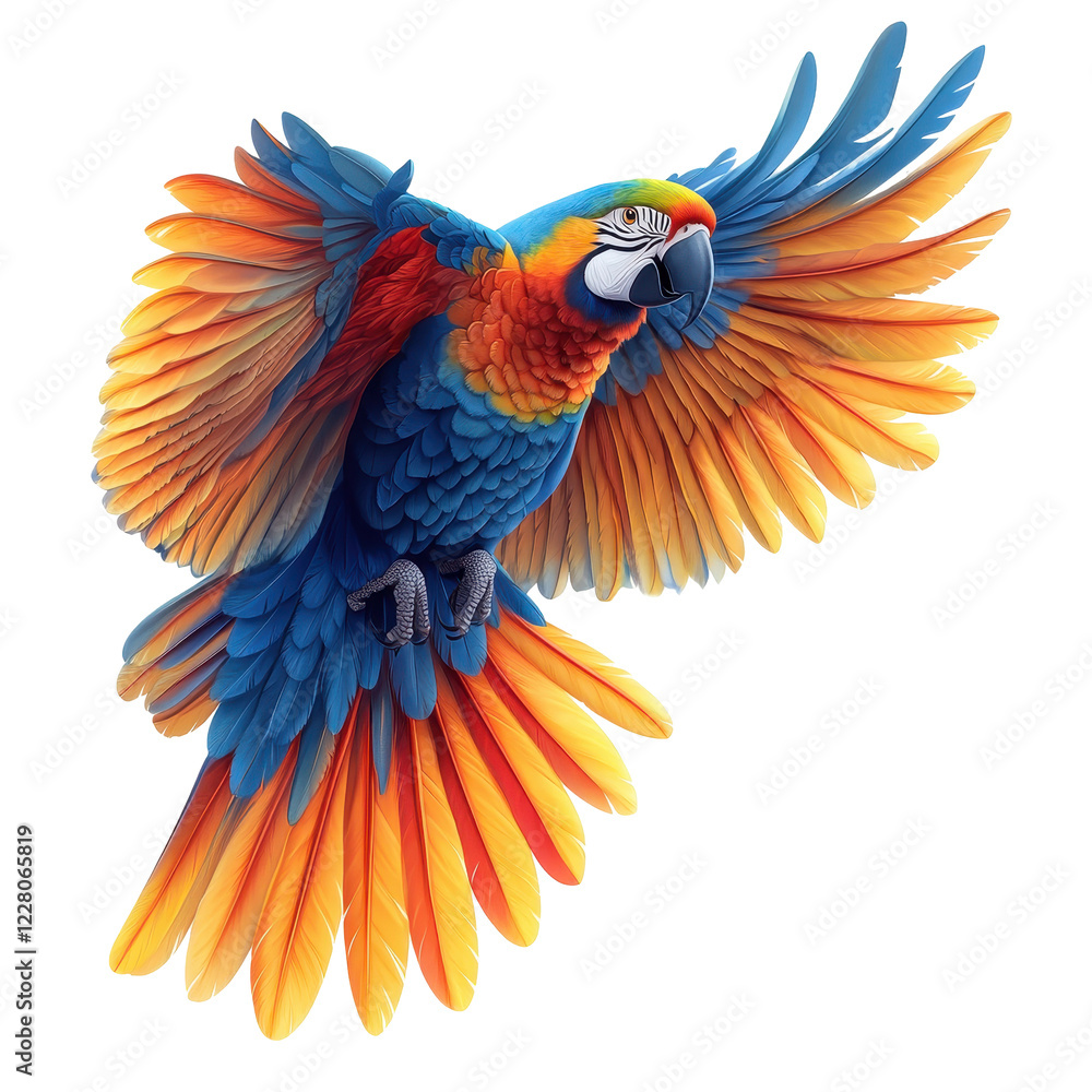 Fototapeta premium Colorful parrot soaring gracefully through the air with vibrant feathers in a natural habitat isolated on transparent background