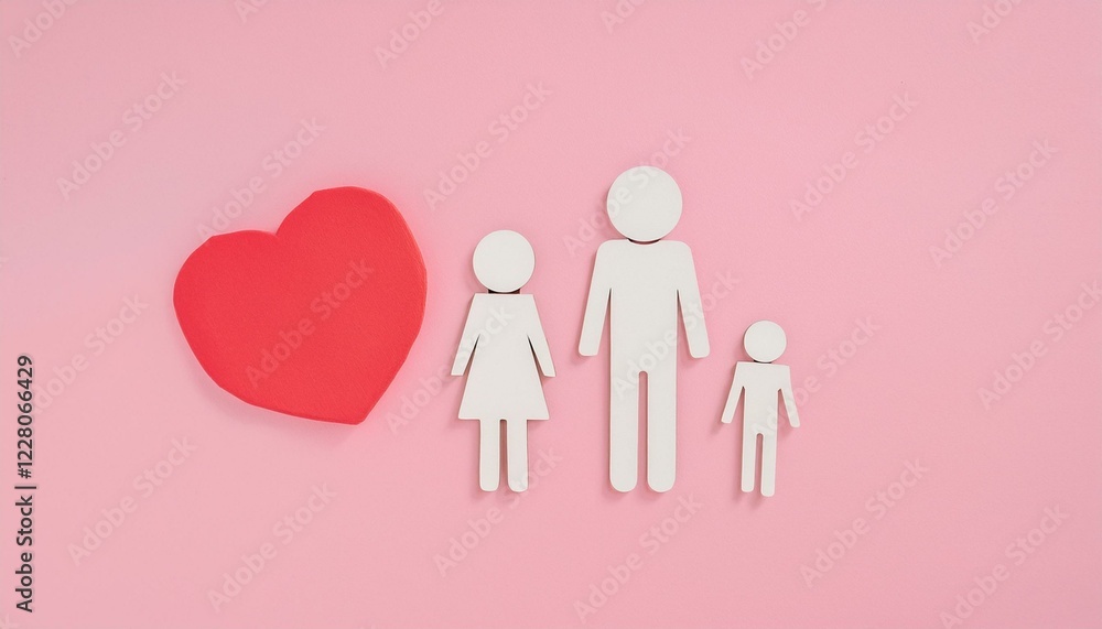 Family love. Family figures with a heart on a pink background. Family love. Family figures with a heart on a pink background.