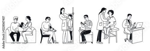Set of hand drawn Doodle people. Healthcare and medicine. Doctor and patient, blood pressure measurement, examination, virtual consultation. Vector illustration