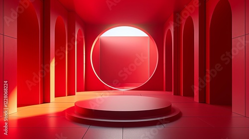 3D Render of Abstract red Composition with Podium. Minimal Studio with Round Pedestal and Copy Space