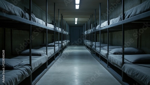 Eerie Bunker Dormitory: Rows of Metal Bunks in a Dimly Lit Underground Shelter