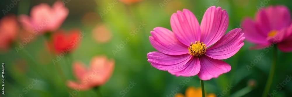 Delicate cosmos blossoms, vibrant petals, lush green garden , red, pretty Delicate cosmos blossoms, vibrant petals, lush green garden , red, pretty